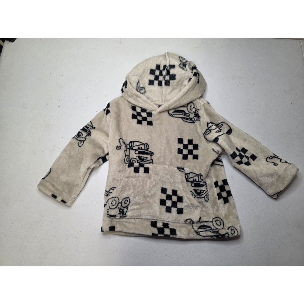 Disney Pixar Cars Mater Fleece Hoodie Toddler Size 2T Cream Black Checkered